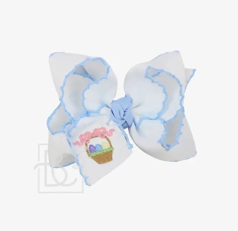 4.5-Inch Easter Basket Hair Bow – White With Light Blue Crochet Edge & Embroidery 1