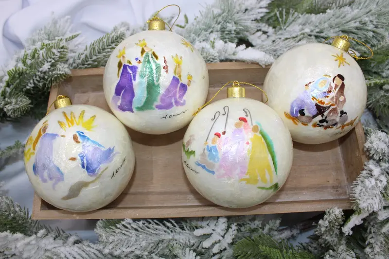 4-Inch Watercolor Nativity Capiz Ball Ornament 1