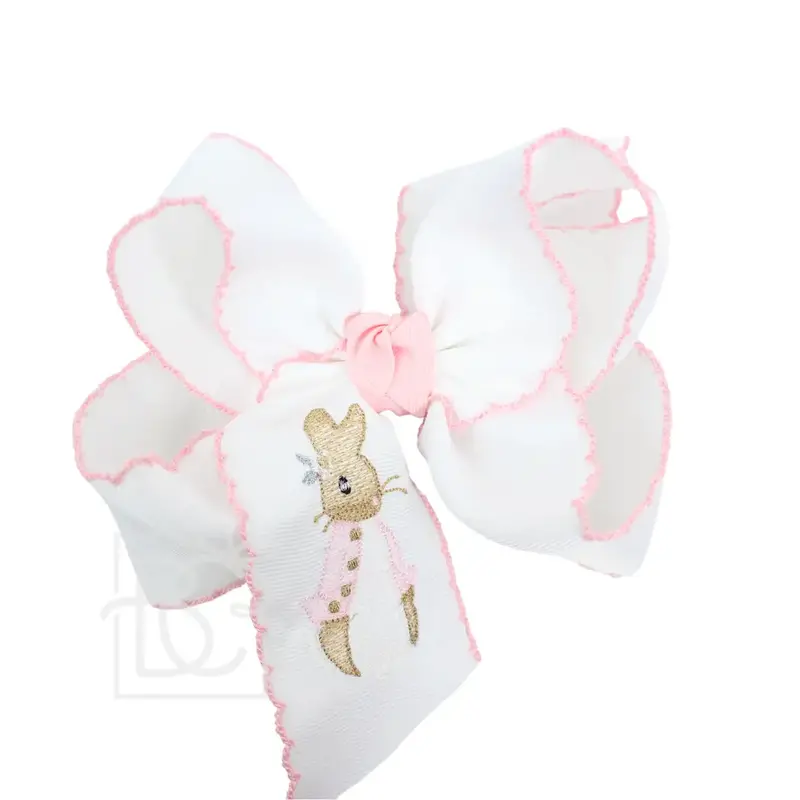 5.5-Inch Petunia Rabbit Hair Bow – White With Light Pink Crochet Edge & Embroidery 1