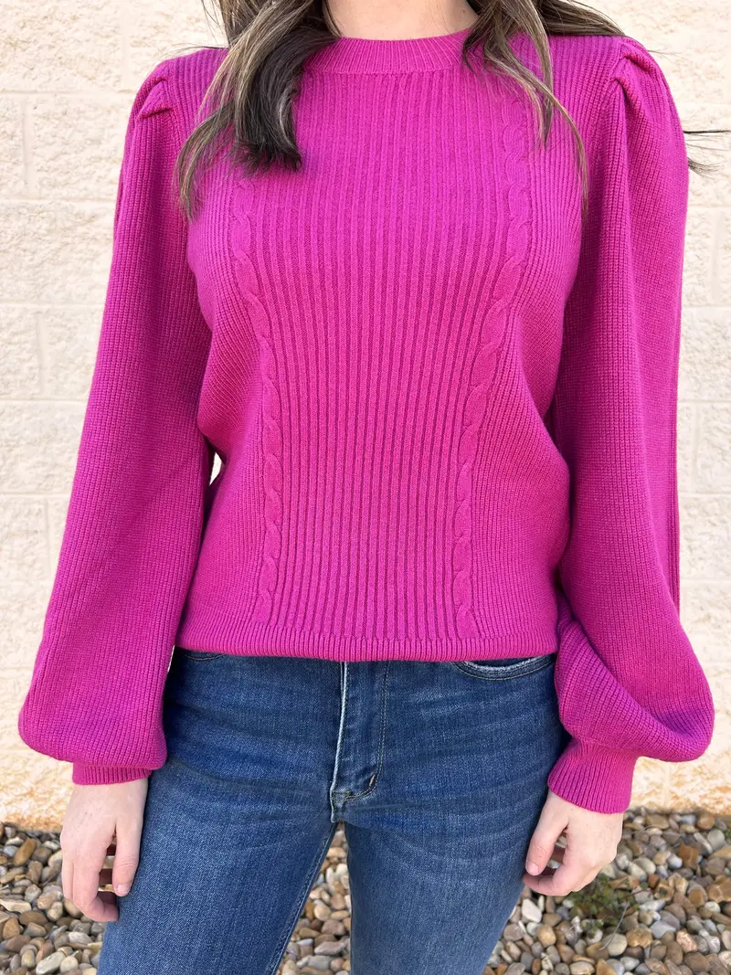 Anya Magenta Rib-Knit Puff-Sleeve Sweater 1