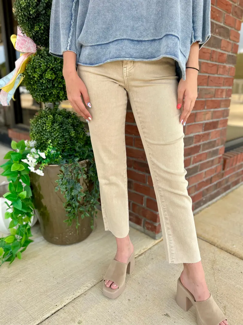 Beige Sand-Tone Cropped Straight-Leg Jeans 1