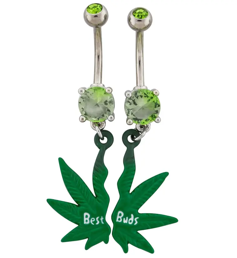 "Best Buds" Cannabis-Themed Green Cz Belly Ring 1