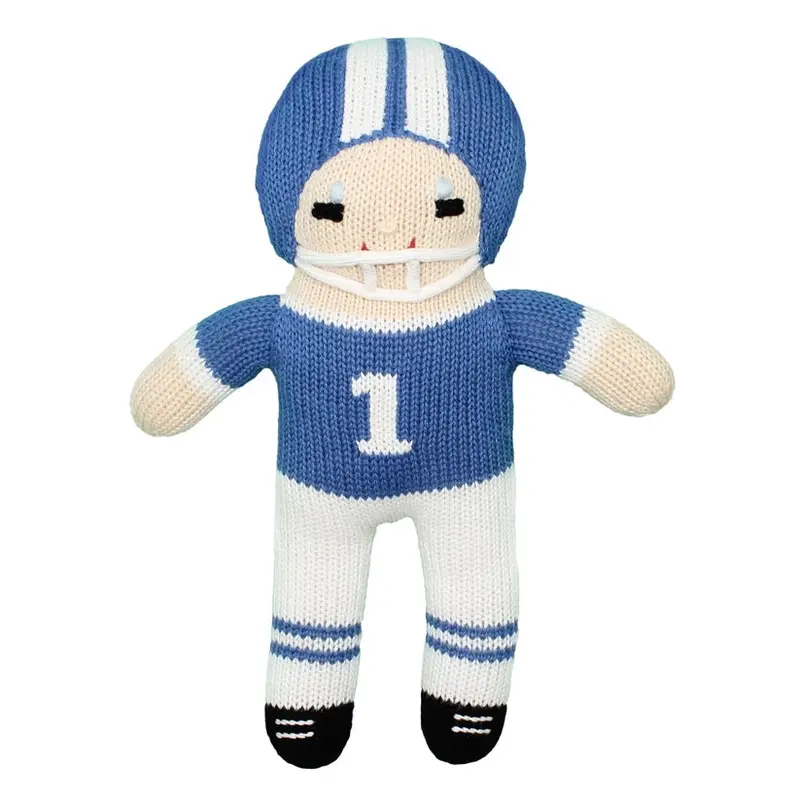 Blue And White Crochet Football Rattle Toy 1