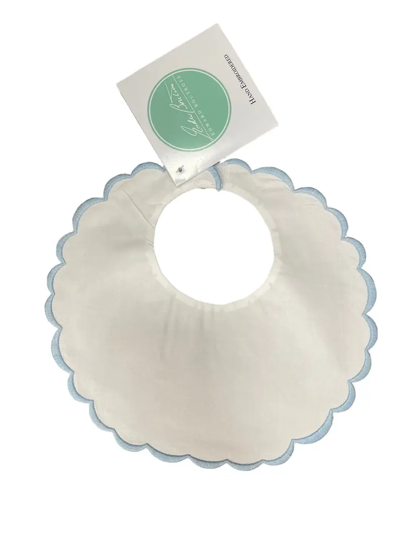 Blue Baby Bib Featuring Embroidered Scallop Detail 1