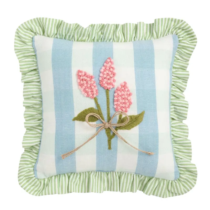 Blue Checkered Ruffled Pillow With Floral Embroidery 1