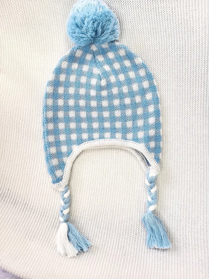 Blue Gingham Knit Hat With Ear Flaps 1