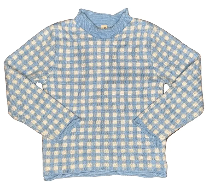 Blue Gingham Roll-Neck Knit Sweater 1