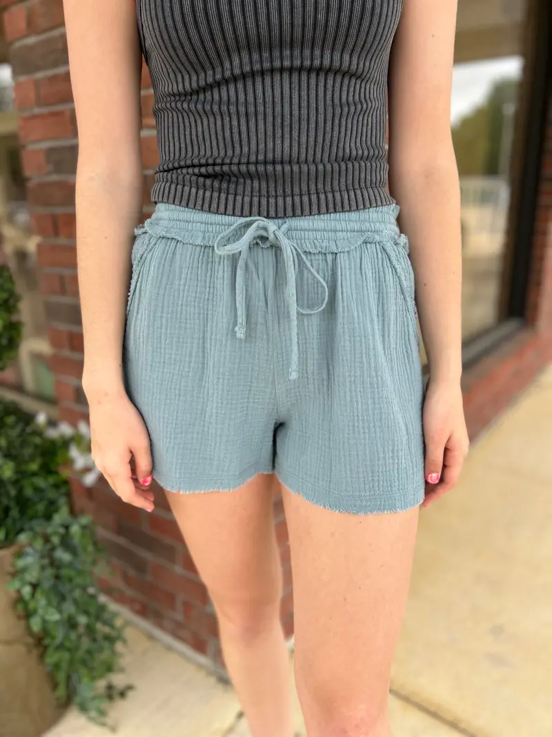 Blue-Grey Double Gauze Drawstring Shorts For Women 1