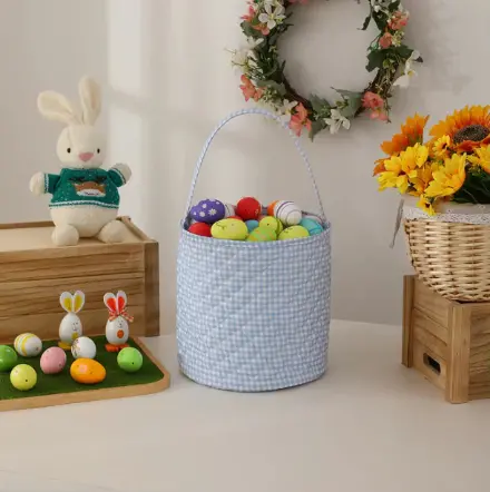 Blue Quilted Easter Basket With Handle 1