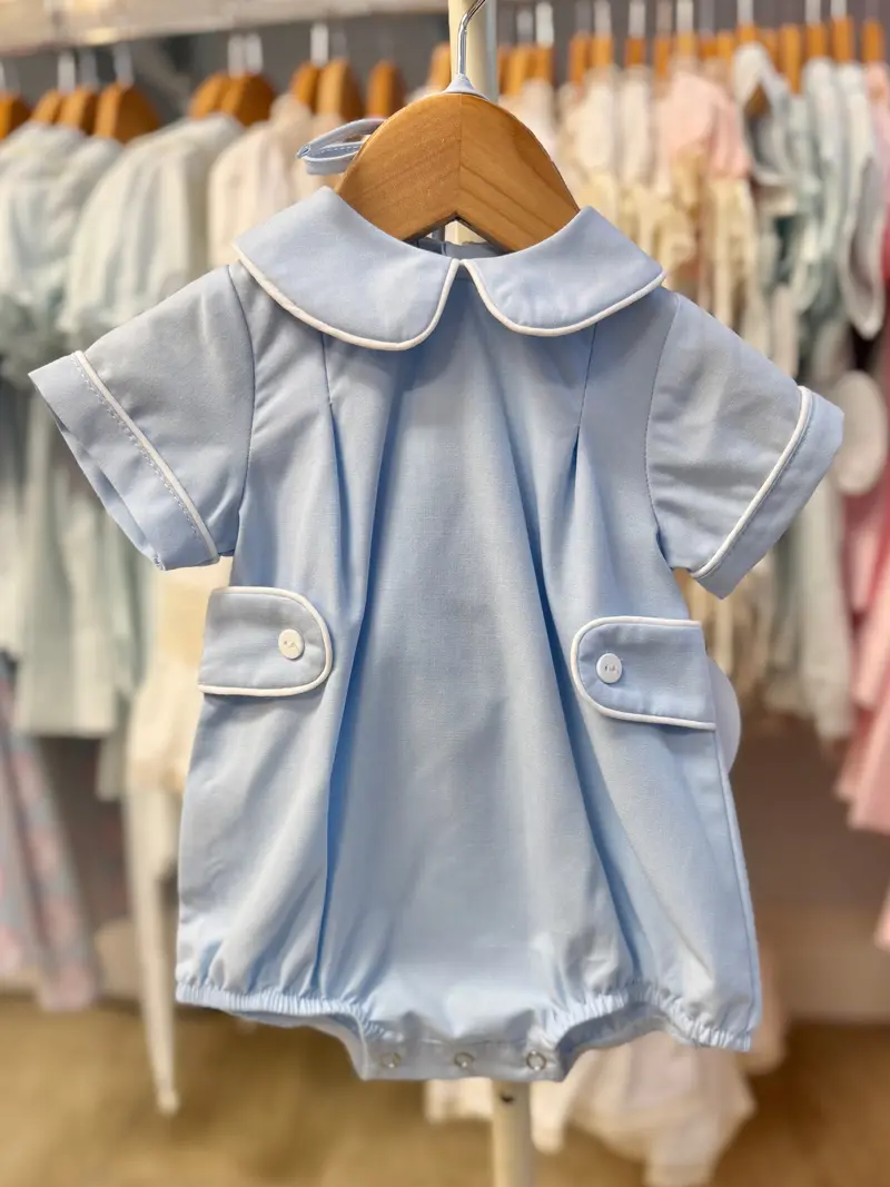 Boys’ Blue Bubble Romper And Matching Bonnet Outfit 1