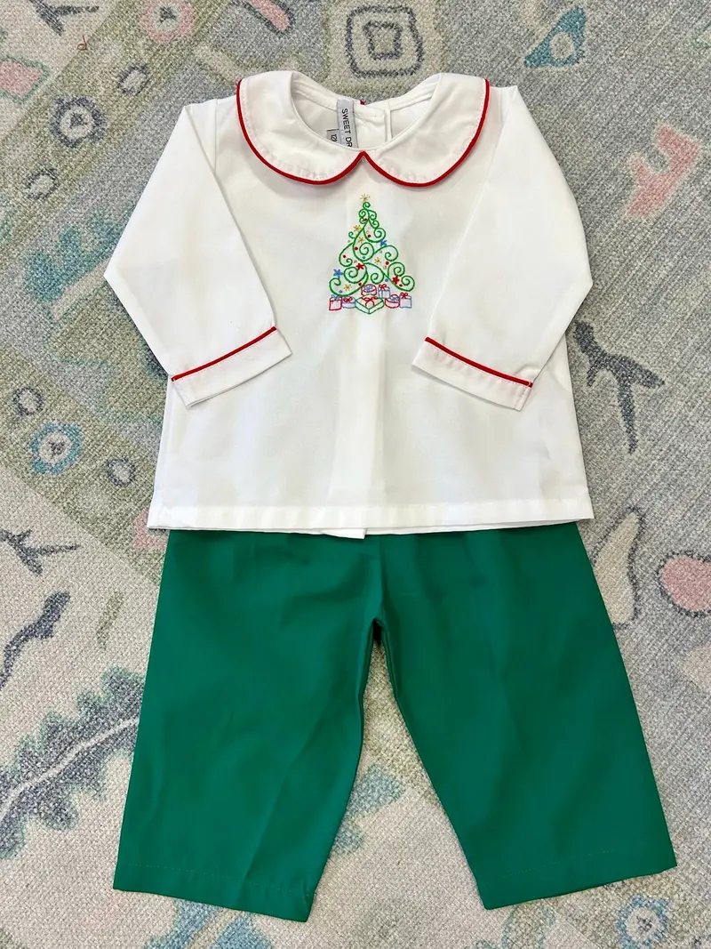 Boy’S Pants Set In White And Hunter Green With Christmas Tree Embroidery 1