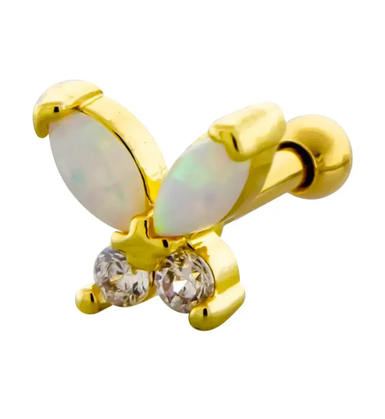 Butterfly Cartilage Barbell: White Opalite And Cz Stones On Gold-Pvd Base 1