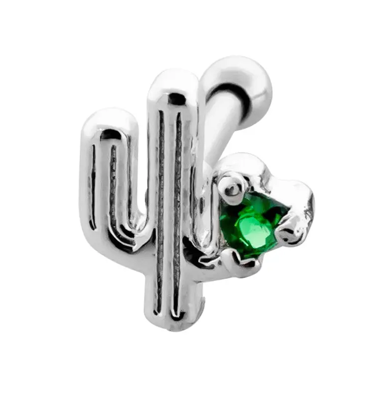 Cactus-Themed Cartilage Barbell With Green Cz Stones 1