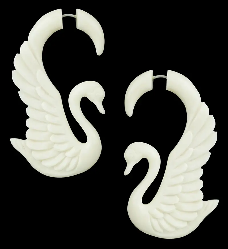 Carved Goose Bone Fake Gauge Earrings – Organic Texture, Dangling Design 1