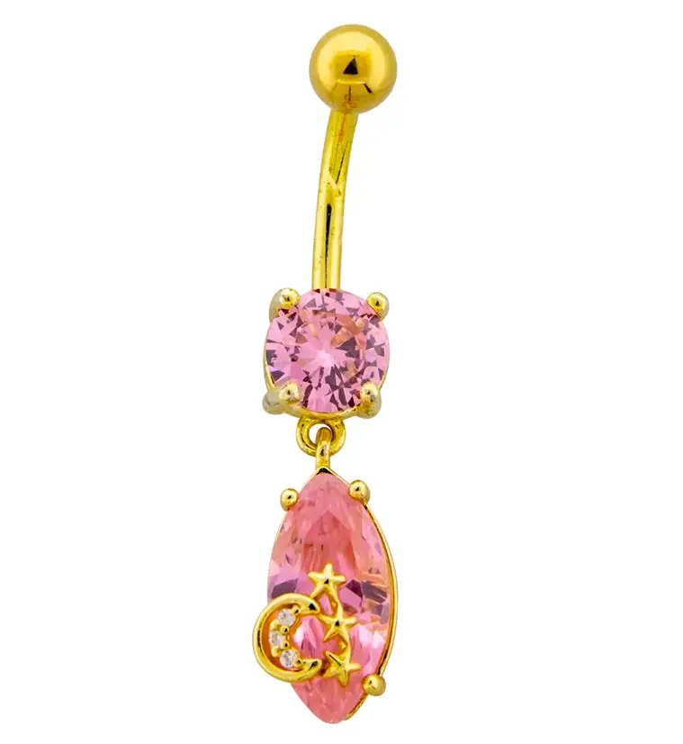 Celestial-Themed Belly Button Ring – Pink Cz And Gold-Pvd Stainless Steel 1