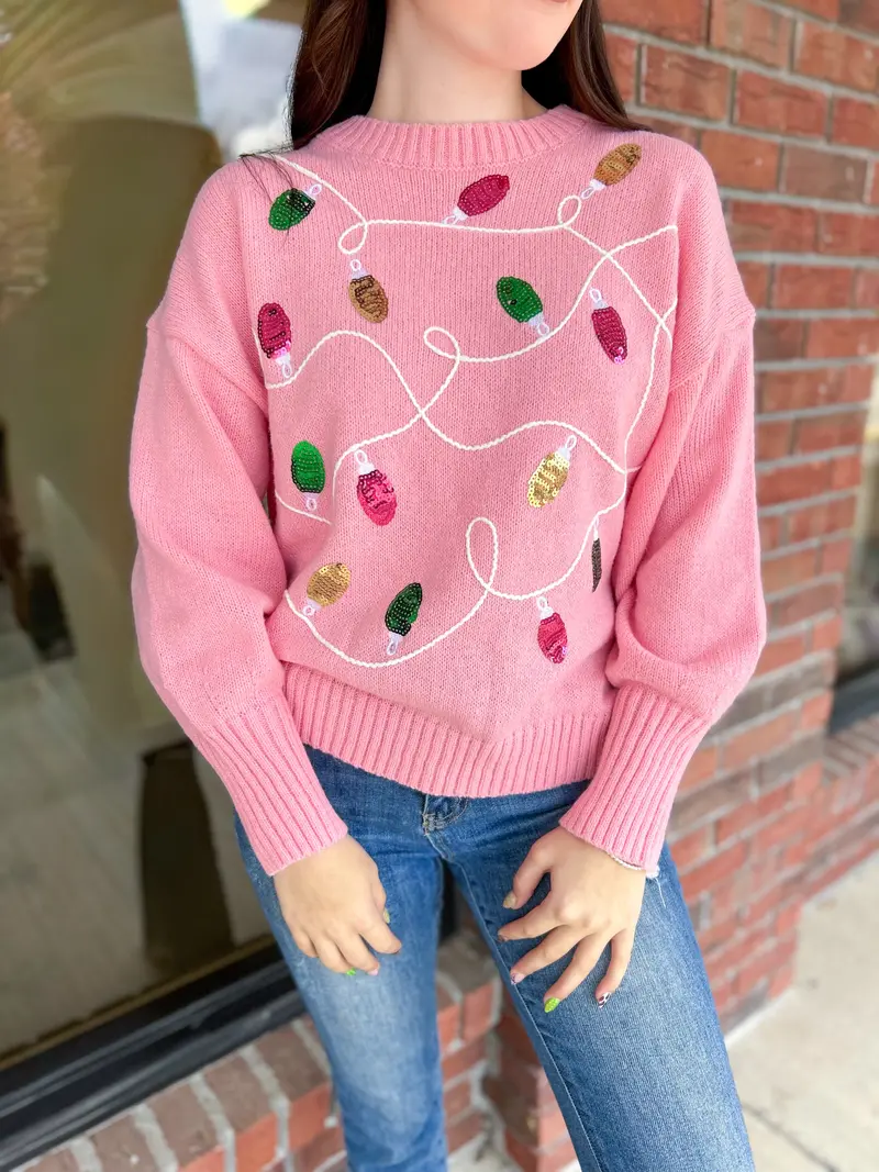 Christmas Lights Pink Sequined Sweater 1