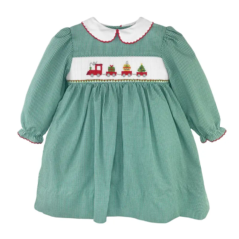 Christmas Train Smocked Green Gingham Holiday Dress 1