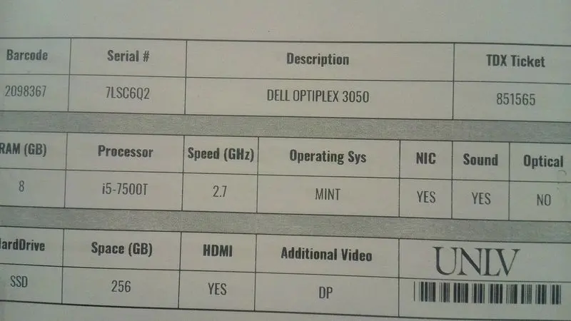 Dell Optiplex 3050 Micro Desktop – Tag 2098367, Sn 7Lsc6Q2 1