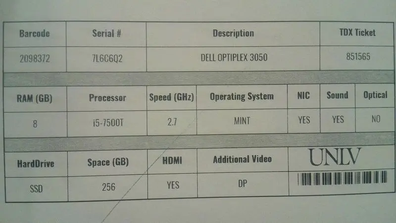 Dell Optiplex 3050 Micro Form Factor – Tag 2098372, Sn 7L6C6Q2 1