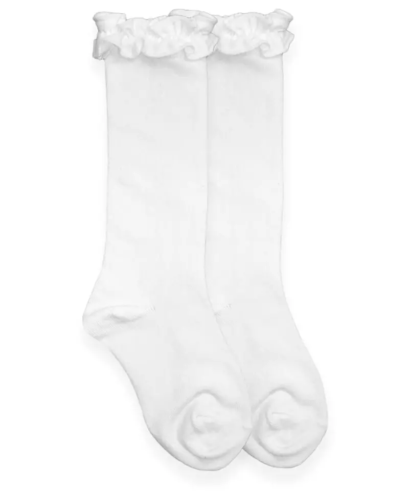 Elegant White Ruffle-Edged Knee-High Socks 1