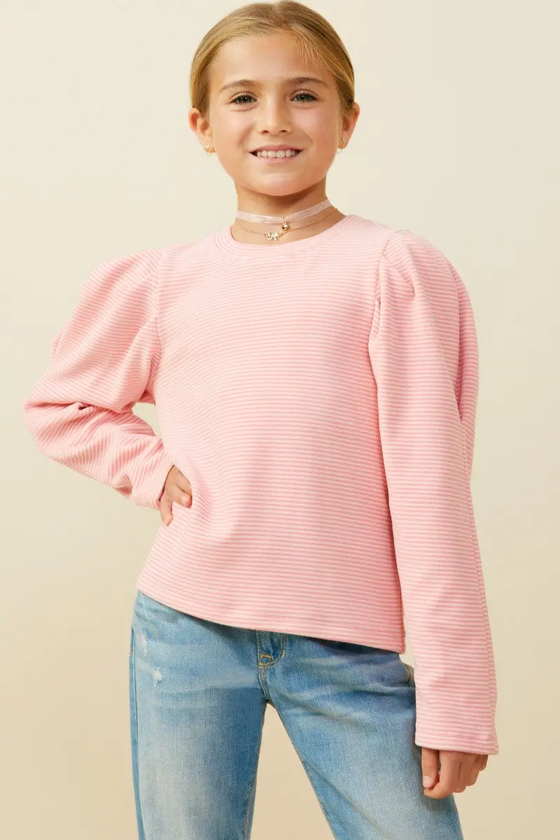 Girls’ Ribbed Puff-Shoulder Knit Top – Trendy Long-Sleeve Layer 1