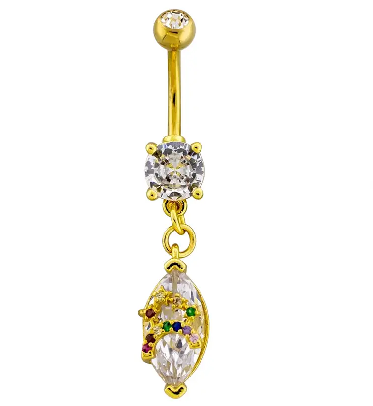 Gold-Pvd Belly Button Ring With Rainbow Cz Oval Dangle 1