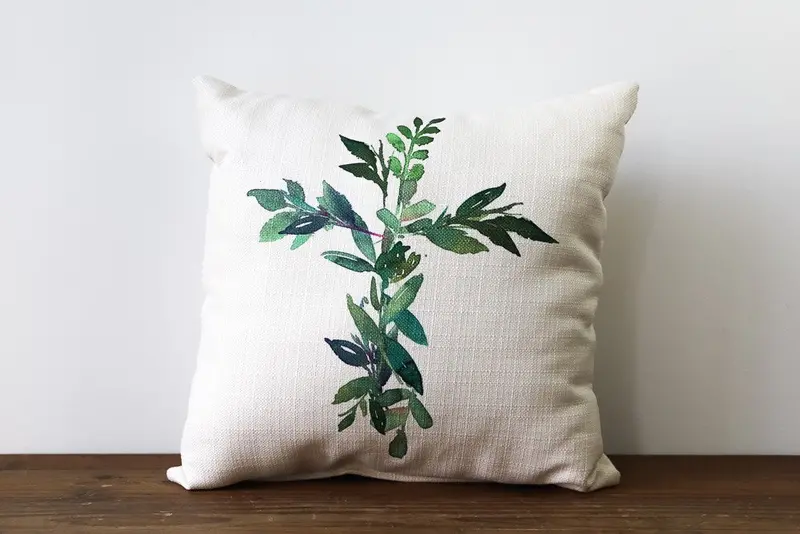 Greenery Cross Throw Pillow – Botanical Embroidered Home Decor 1
