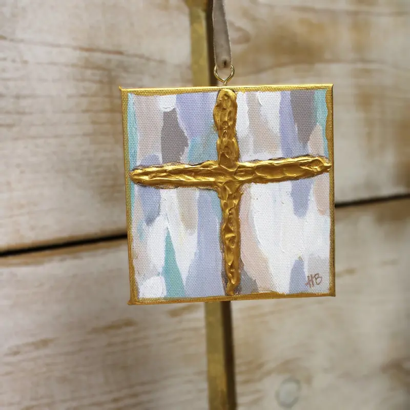 Hand-Painted Pale Blue And Gold Cross Ornament 1