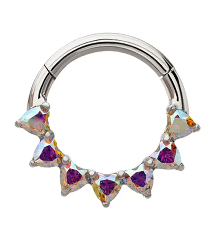 Heart-Edge Hinged Segment Ring – Rainbow Aurora Cz Titanium 1