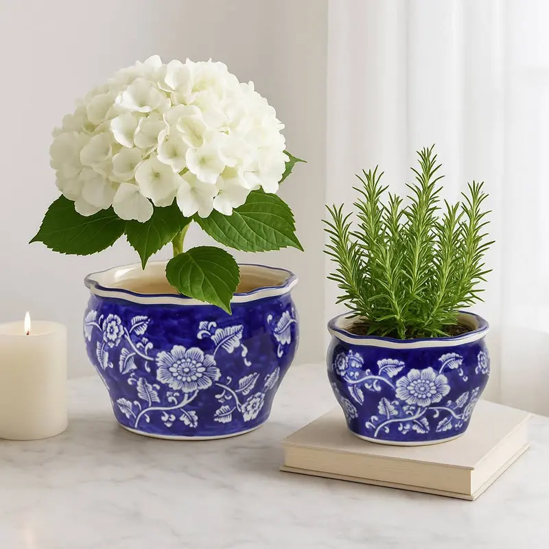 Large Blue Chinoiserie Floral Ceramic Planter — Statement Piece 1