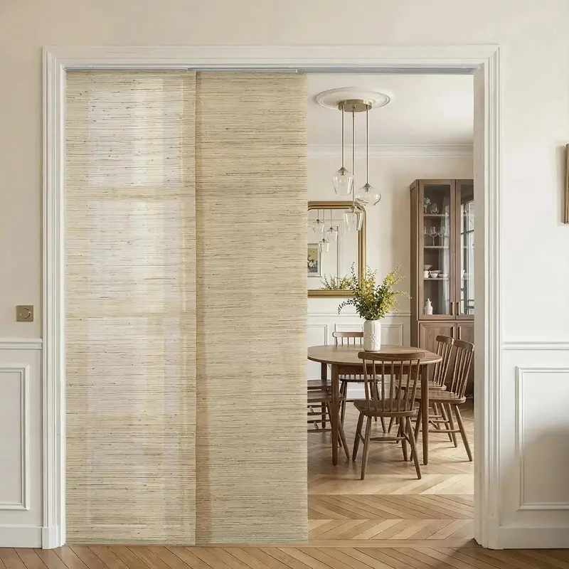 Lay Natural Woven Wood Panel Track Blinds – Beige Textured Bamboo Style 1