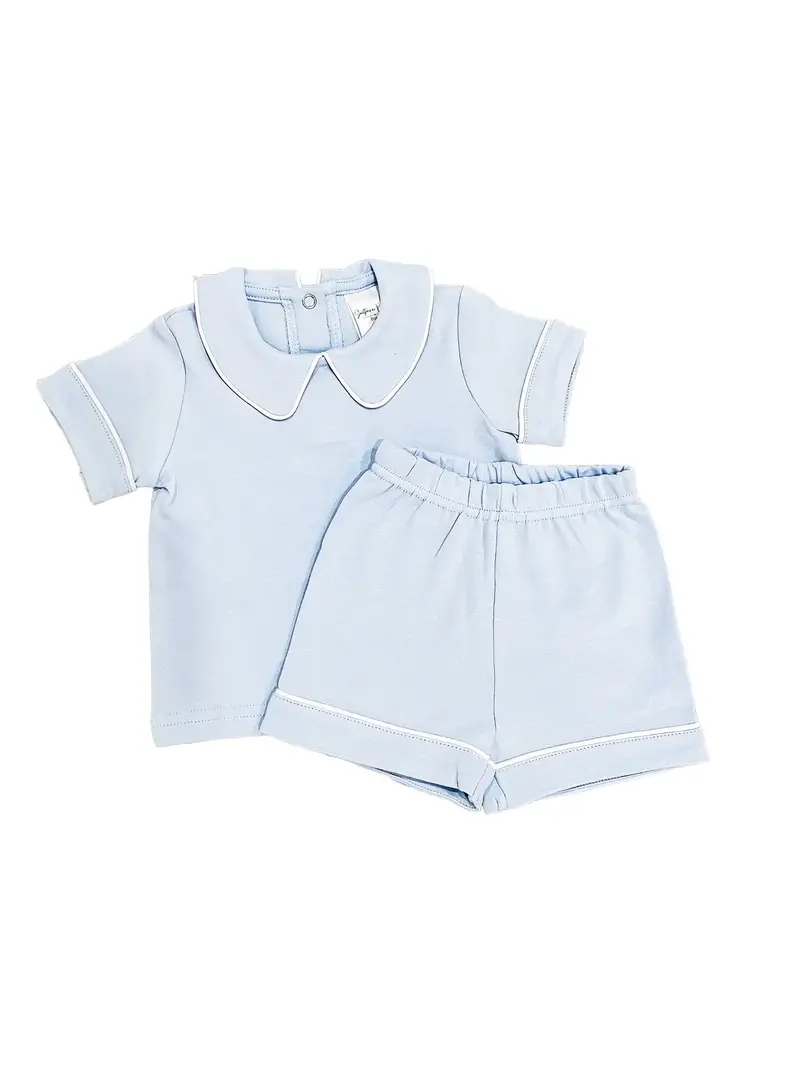Light Blue Short Set With Piped Collar Accent 1