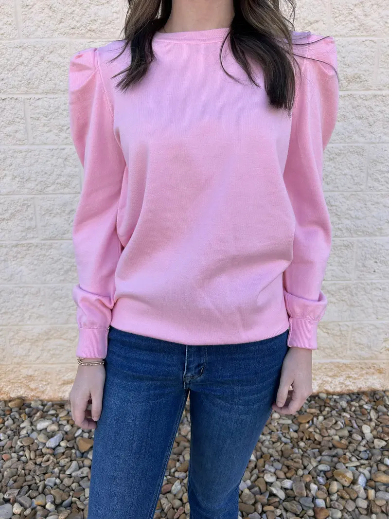 Light Pink Puff-Sleeve Knit Crewneck Sweater 1