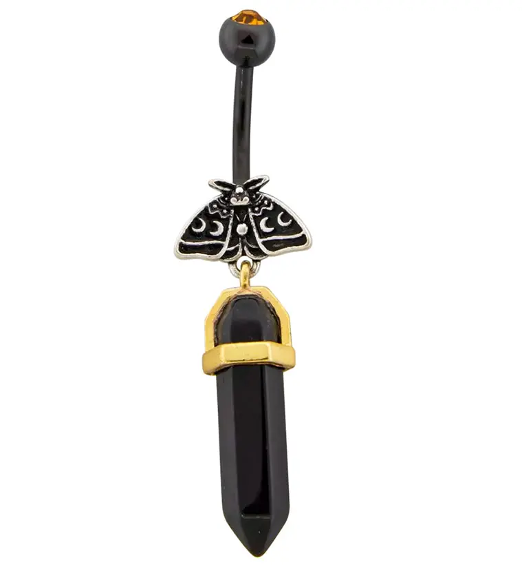 Moon Phase & Moth Dangle Belly Ring In Black-Pvd Stainless Steel With Black Crystals 1