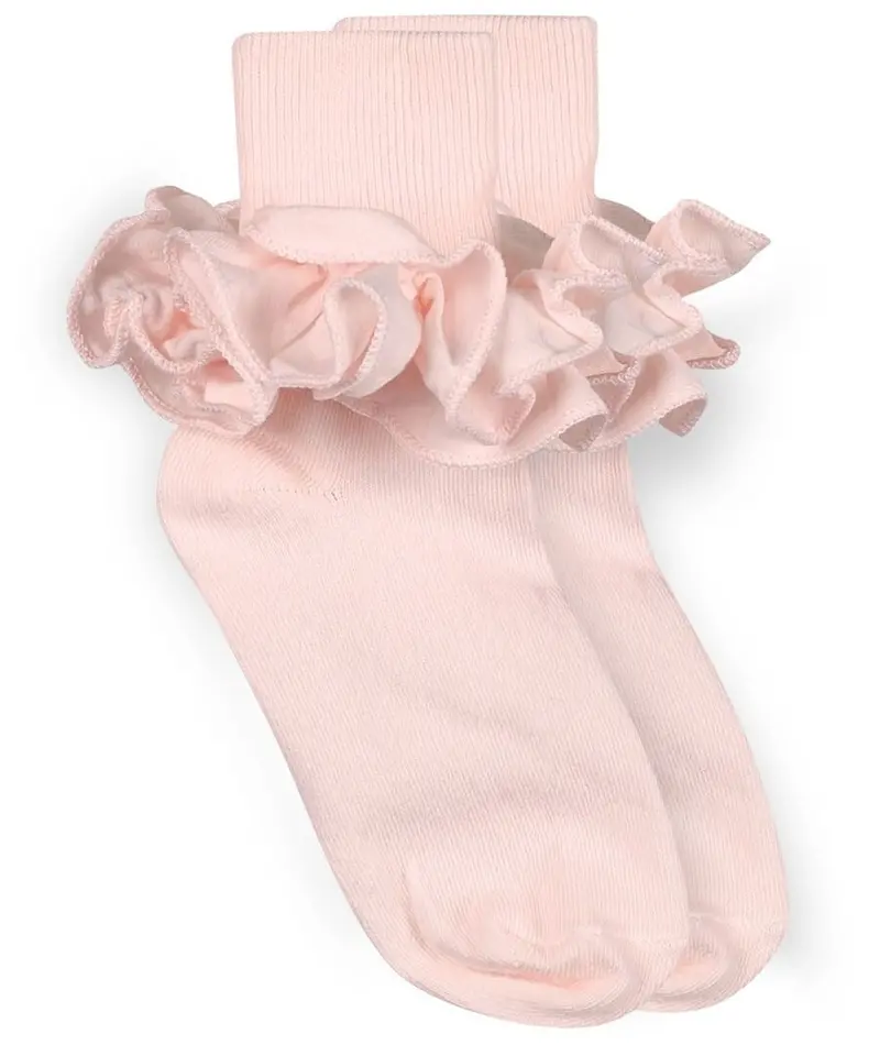 Pastel Pink Lace-Trimmed Ruffle Socks With Turn-Cuff Detail 1