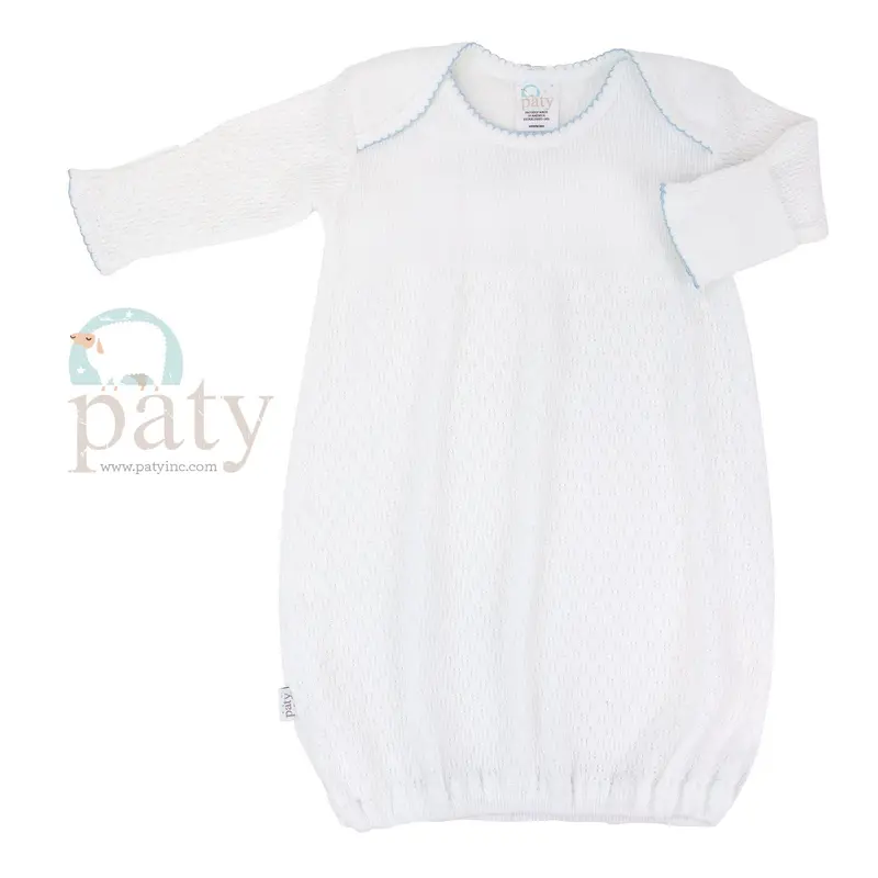 Paty White Knit Gown – Newborn Layette With Navy Blue Trim Accent 1