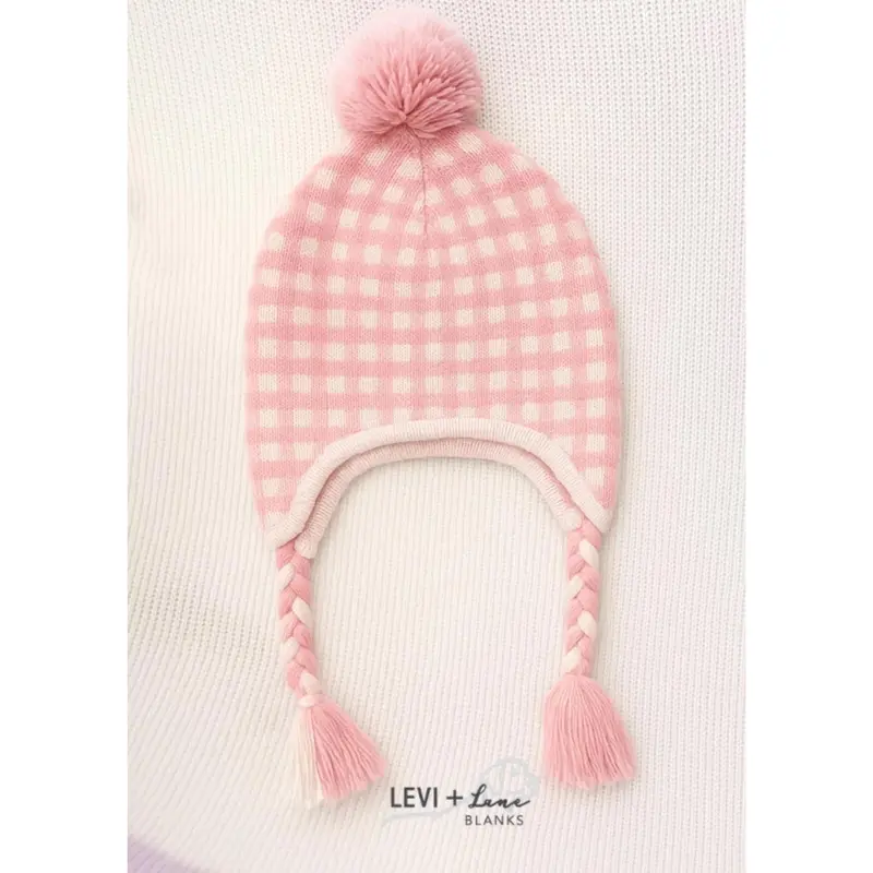 Pink Gingham Knit Hat With Ear Flaps 1