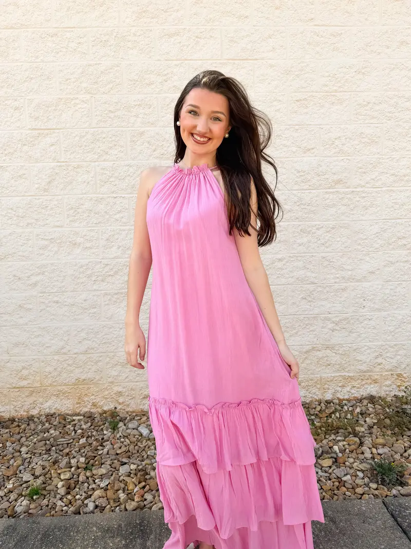 Pink Halter Maxi Dress – Flowy Summer Evening Gown With Adjustable Tie 1