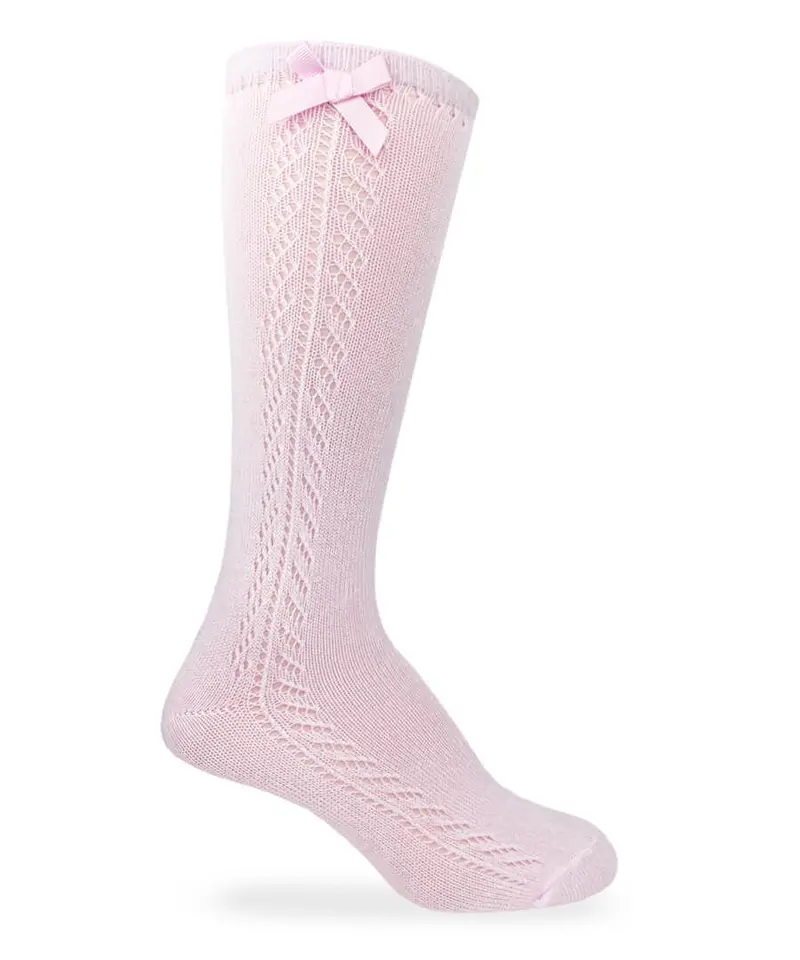 Pink Pointelle Knee-High Socks Featuring Decorative Bow 1