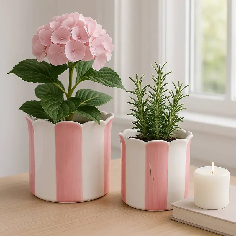 Pink Striped Scalloped Ceramic Planter — Decorative Accent 1
