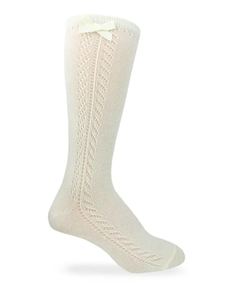 Pointelle Bow Knee-High Socks – Ivory Pair 1