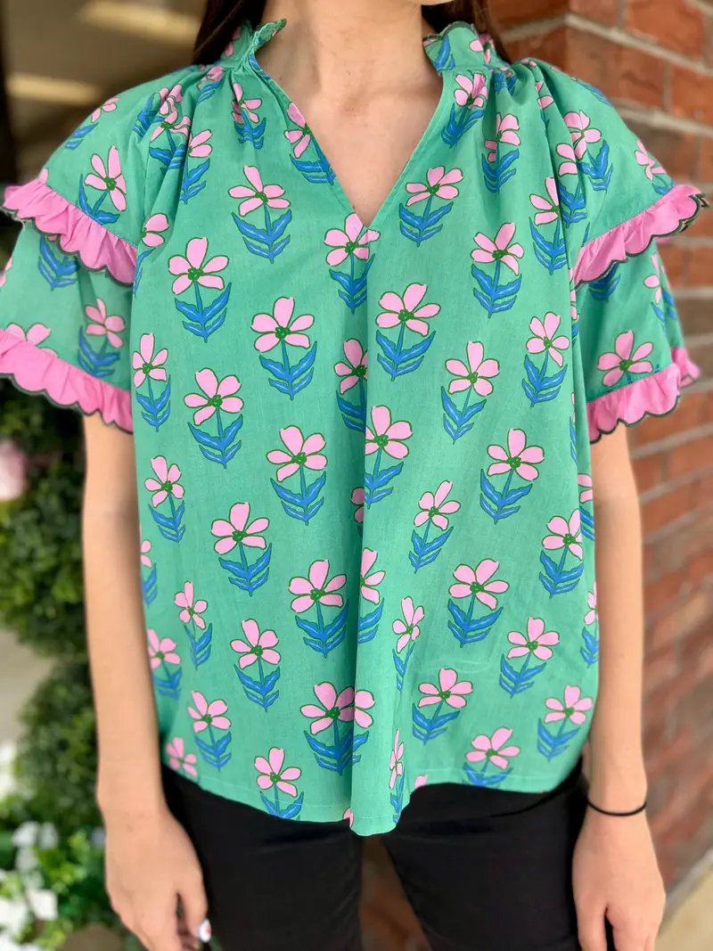 Preppy Floral Blouse With Ruffle Sleeves 1