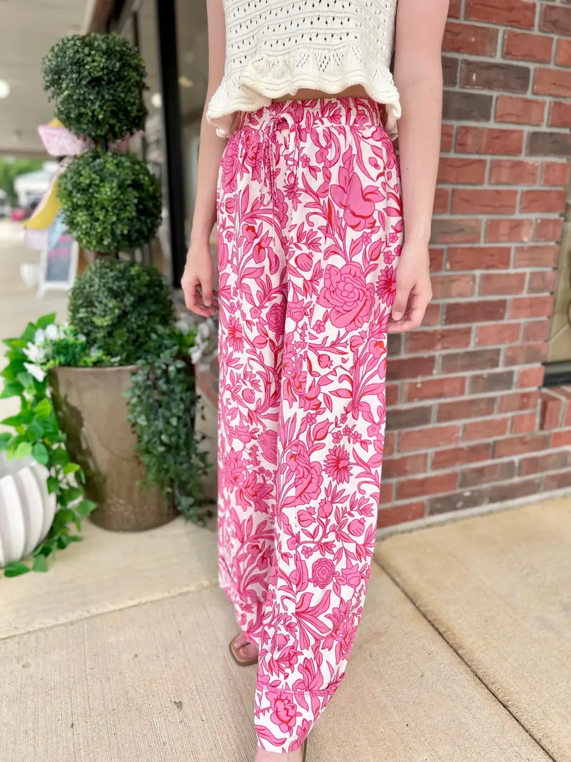 Primrose Pink Floral Drawstring Wide-Leg Pants 1