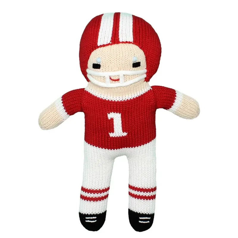 Red And White Crochet Football Rattle Toy 1