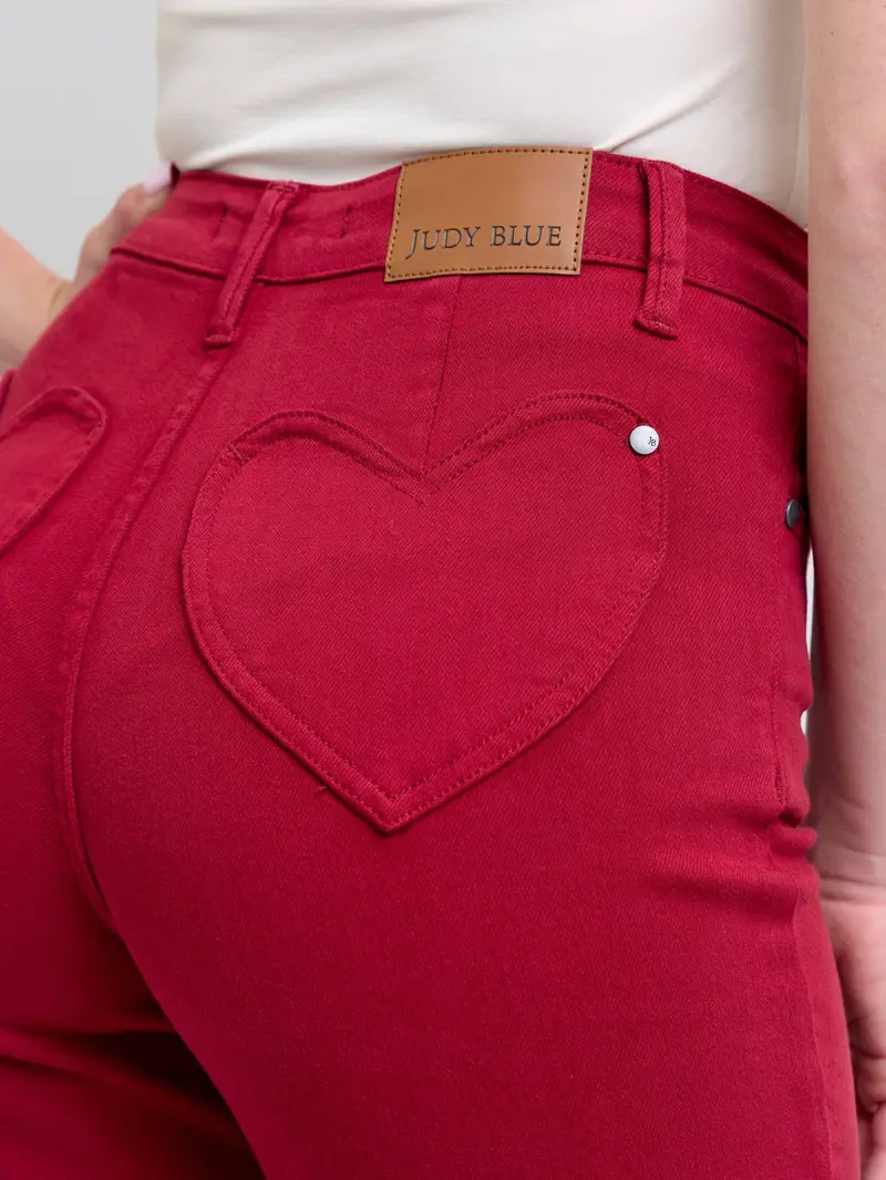 Red Heart-Pocket Straight-Leg Denim Jeans 1
