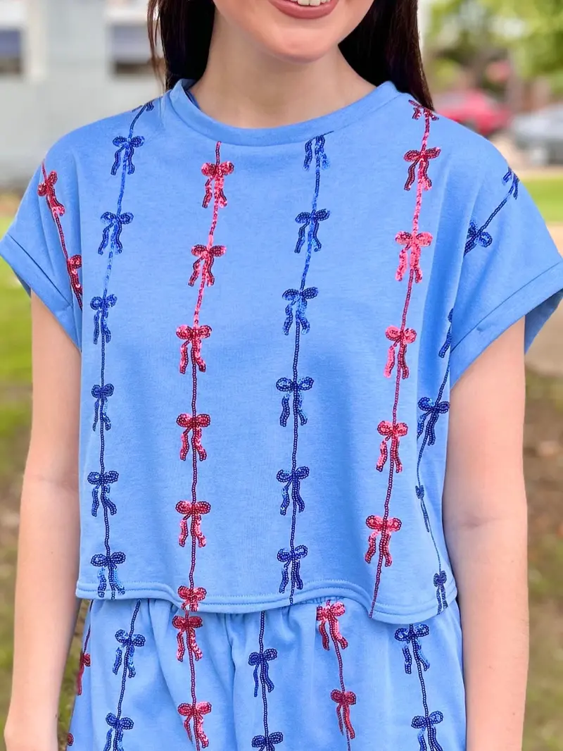 Sequined Terry Top With Decorative Bow Detail 1