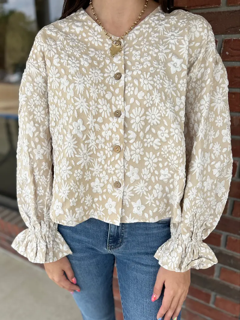 Simply Sweet Floral Top In Tan – Lightweight Cotton Blend 1