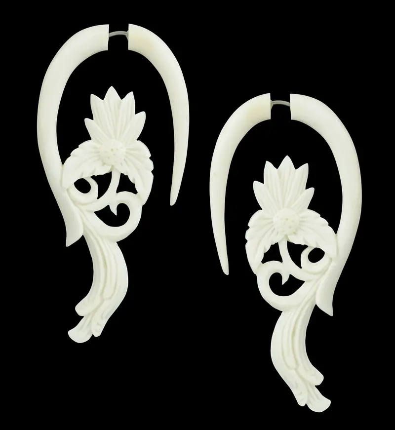 Swimming Lotus Spiral Fake Gauges – Hand-Carved Bone Earrings With Floral Motif 1
