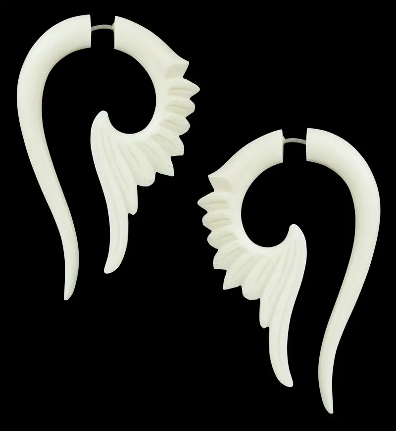 Tail Wing Bone Earrings – Hanging Fake Gauge Style With Feathered Detail 1
