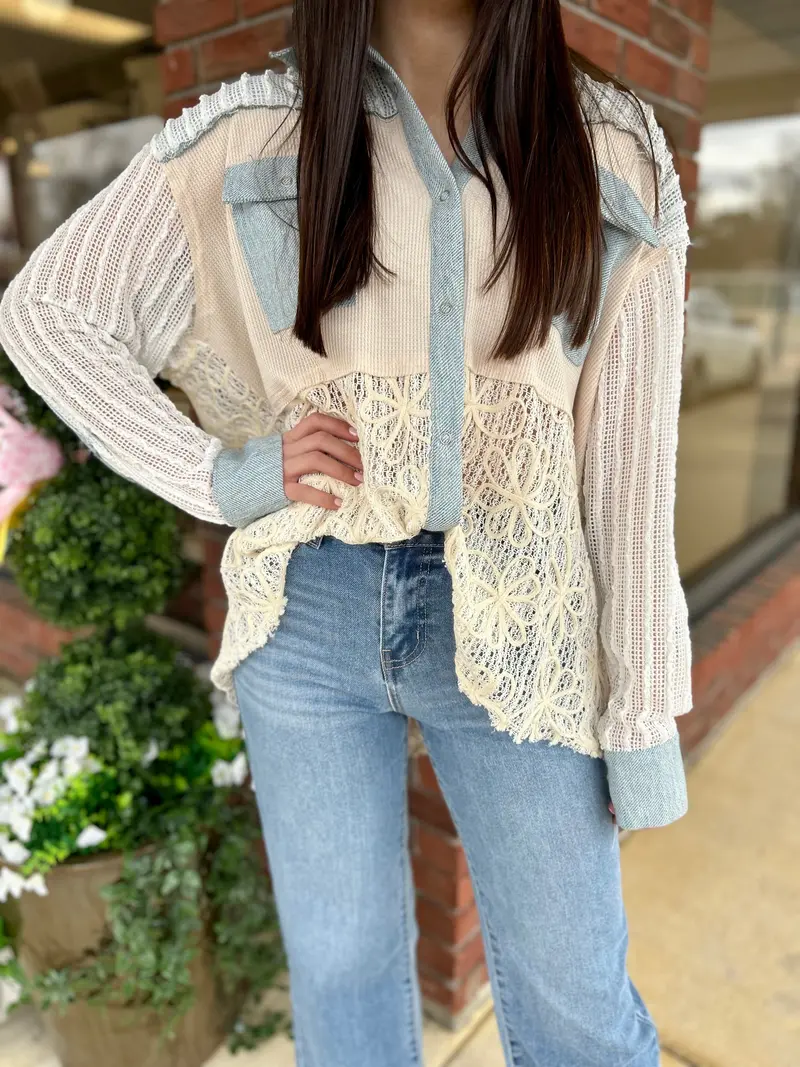 Textured Color-Block Lace-Up Button-Down Jacket 1